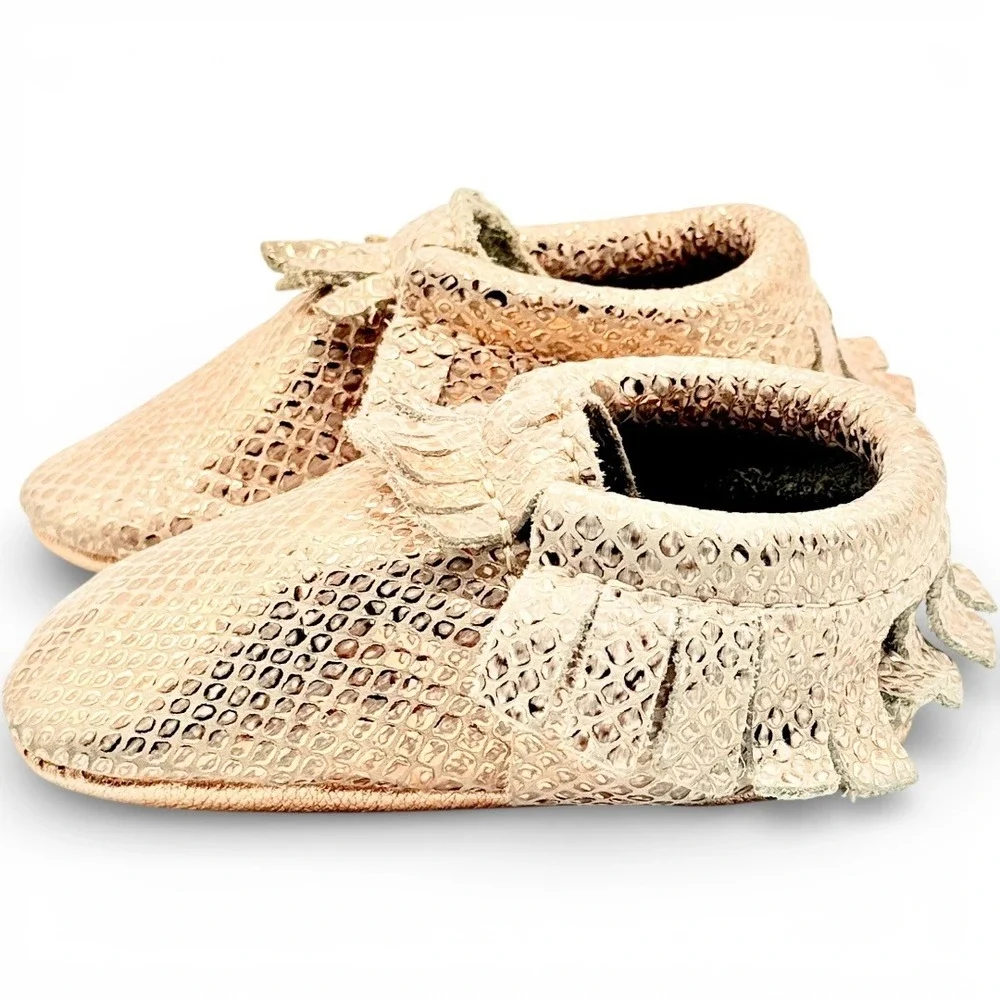 Freshly Picked Rose Gold Leather Baby Classic Moccasin Fringe Soft Sole 4 Luxury